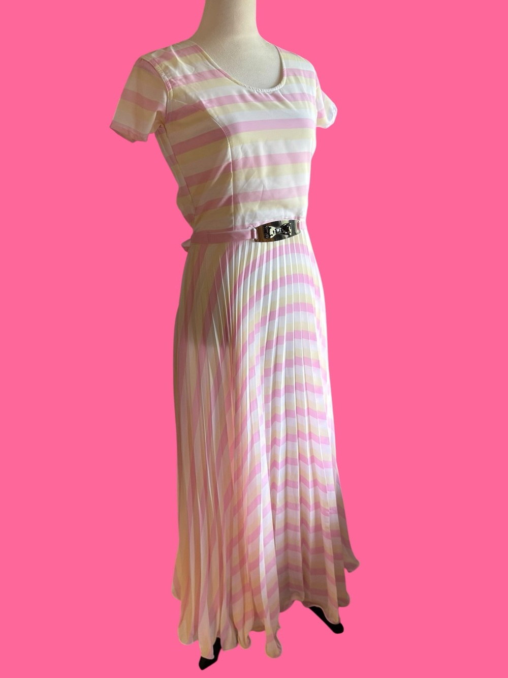 Women’s Pink, Pale Yellow and White Striped Short Sleeve Maxi Dress from India